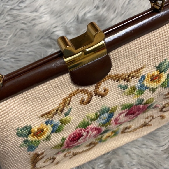 Vintage Floral Needlepoint Clutch with Brown Handle - Picture 4 of 8